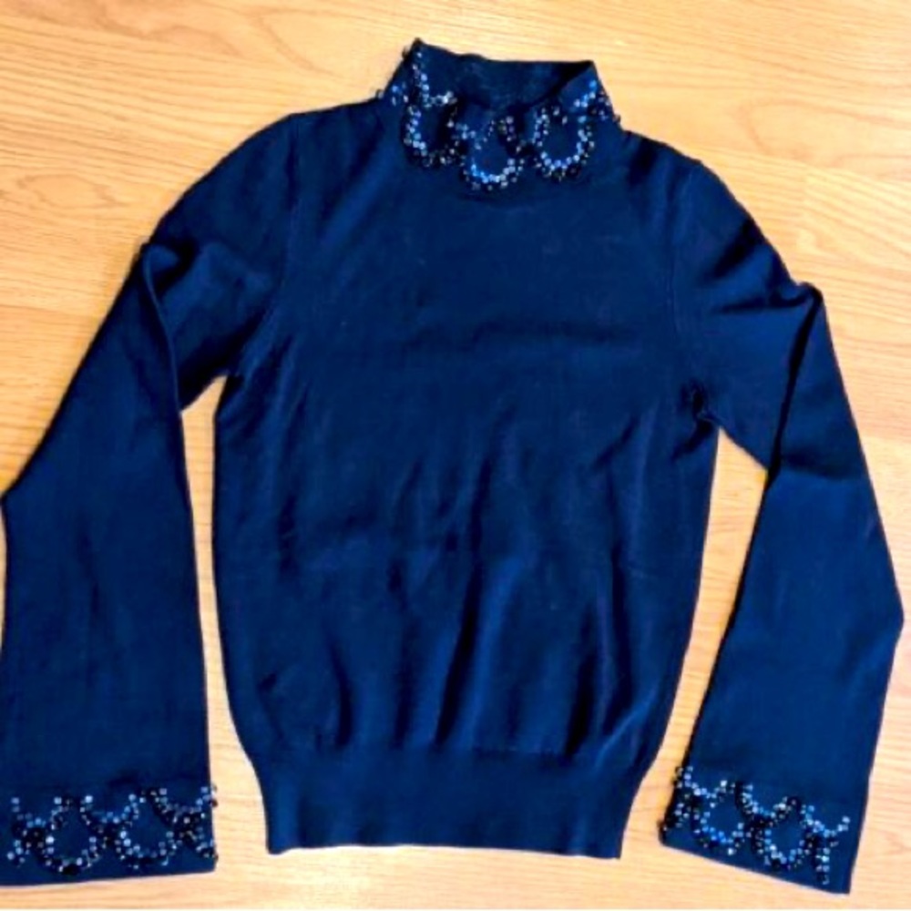 Navy Blue Ann Taylor Petite XS Jeweled Turtle Neck Bell Sleeves